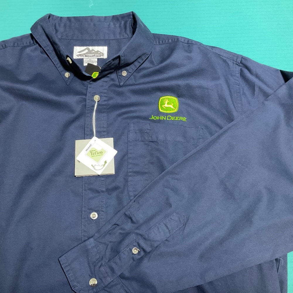 NWT John Deere Tri-Mountain Navy Button-Down Shirt Embroidered Logo Men SZ XL